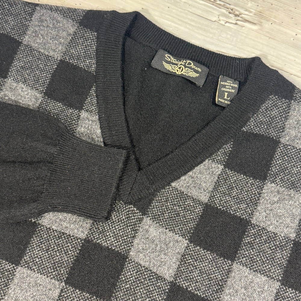 Straight Down Sweater Men Large Black Gray Plaid Merino Cashmere V Neck Pullover
